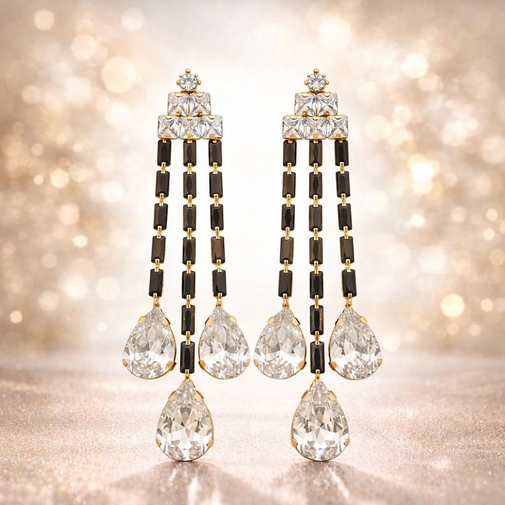 Black Crystal Dangle Earrings – Gold Plated